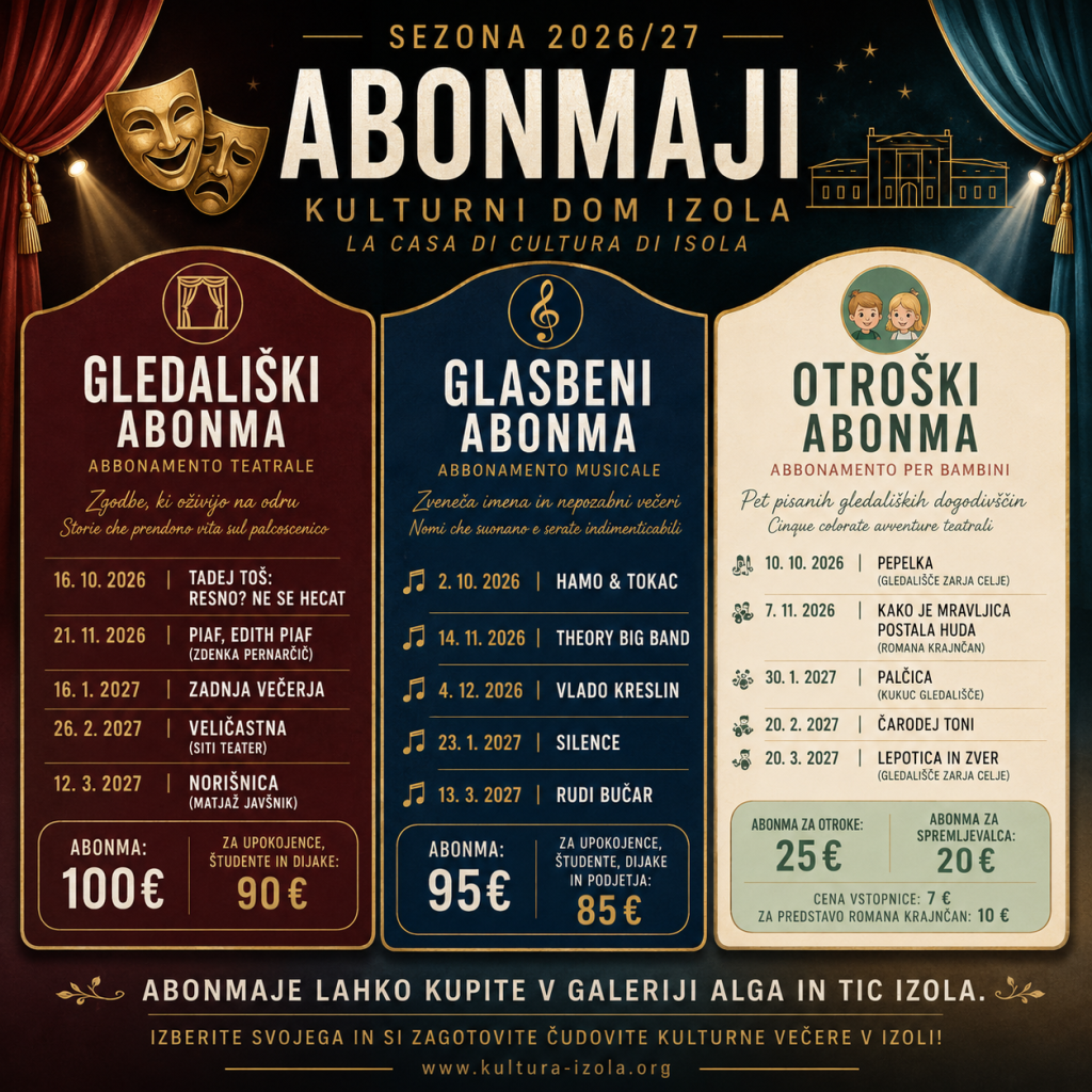 ABONMAJI 2026/2027 – nova sezona v Kulturnem domu Izola